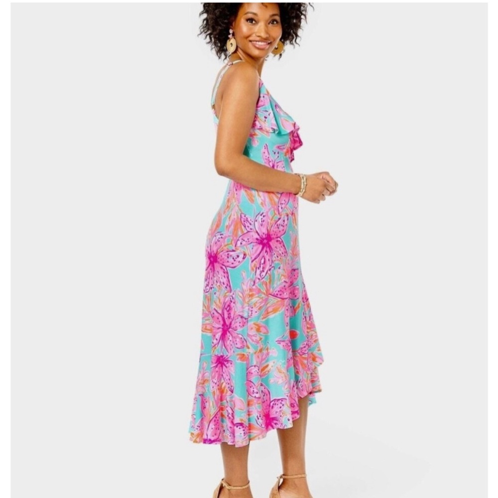 Worn once - Lilly Pulitzer Sz M Fontaine Wrap Dress - Surf Blue Bonita Blooms - Picture 4 of 11